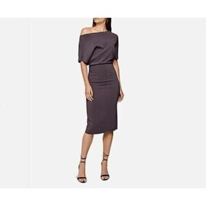 Reiss Madison Draped Bodycon Midi Dress 4 Solid Gray Off Shoulder Stretch NWT
